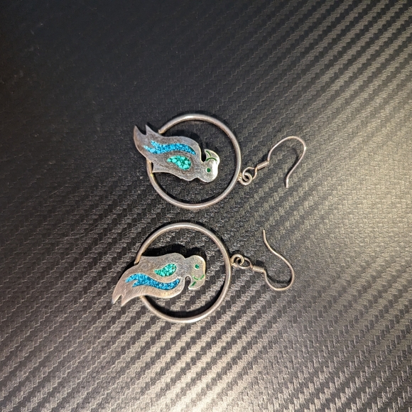 Turquoise Parrot Silver Earrings - Picture 2 of 5